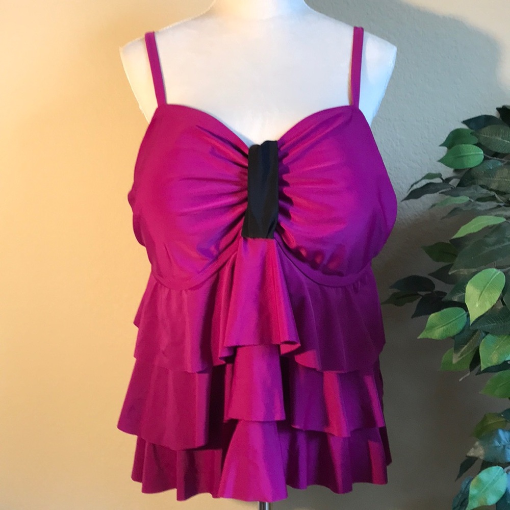 Catalina Fuchsia Triple Flounce Tankini, 3X (22W)